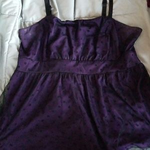 Purple shirt with black mesh polka dots